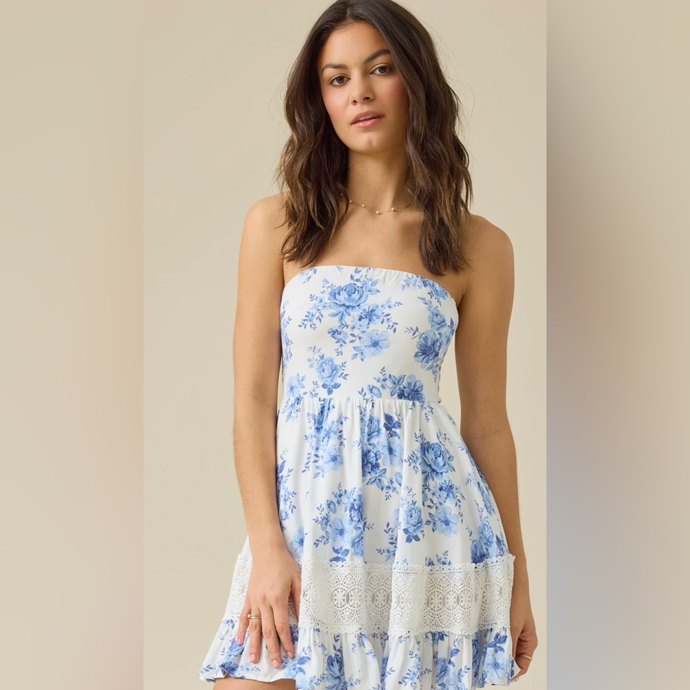 Altar'd State White Strapless Floral Dress with Blue Print